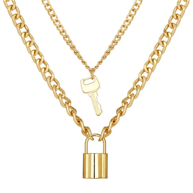 17KM Fashion Multi Layer Lock Portrait Pendants Necklaces For Women Gold Metal Key Heart Necklace New Design Jewelry Gift