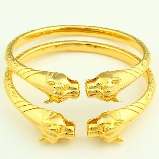 2-Piece Set: 18k Yellow Gold Filled High Polish Finish Lion Adjustable Bangle