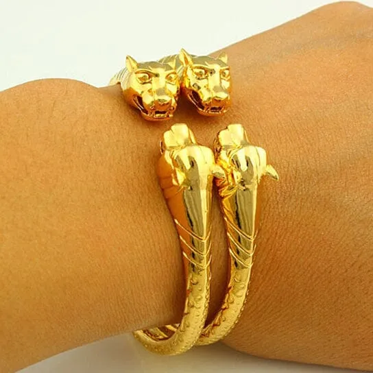 2-Piece Set: 18k Yellow Gold Filled High Polish Finish Lion Adjustable Bangle