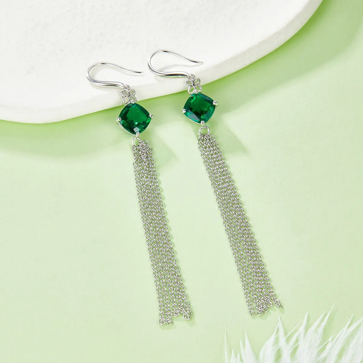 3.7 Carat Cushion Cut Lab Created Emerald Silver Tassel Earrings