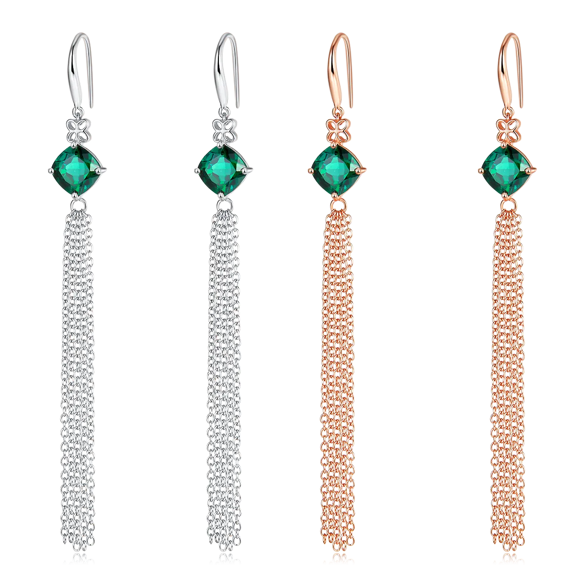 3.7 Carat Cushion Cut Lab Created Emerald Silver Tassel Earrings