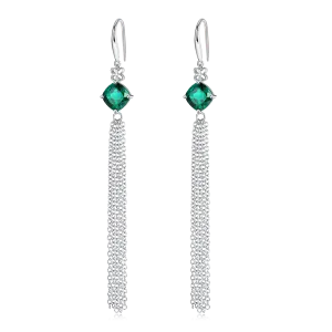 3.7 Carat Cushion Cut Lab Created Emerald Silver Tassel Earrings