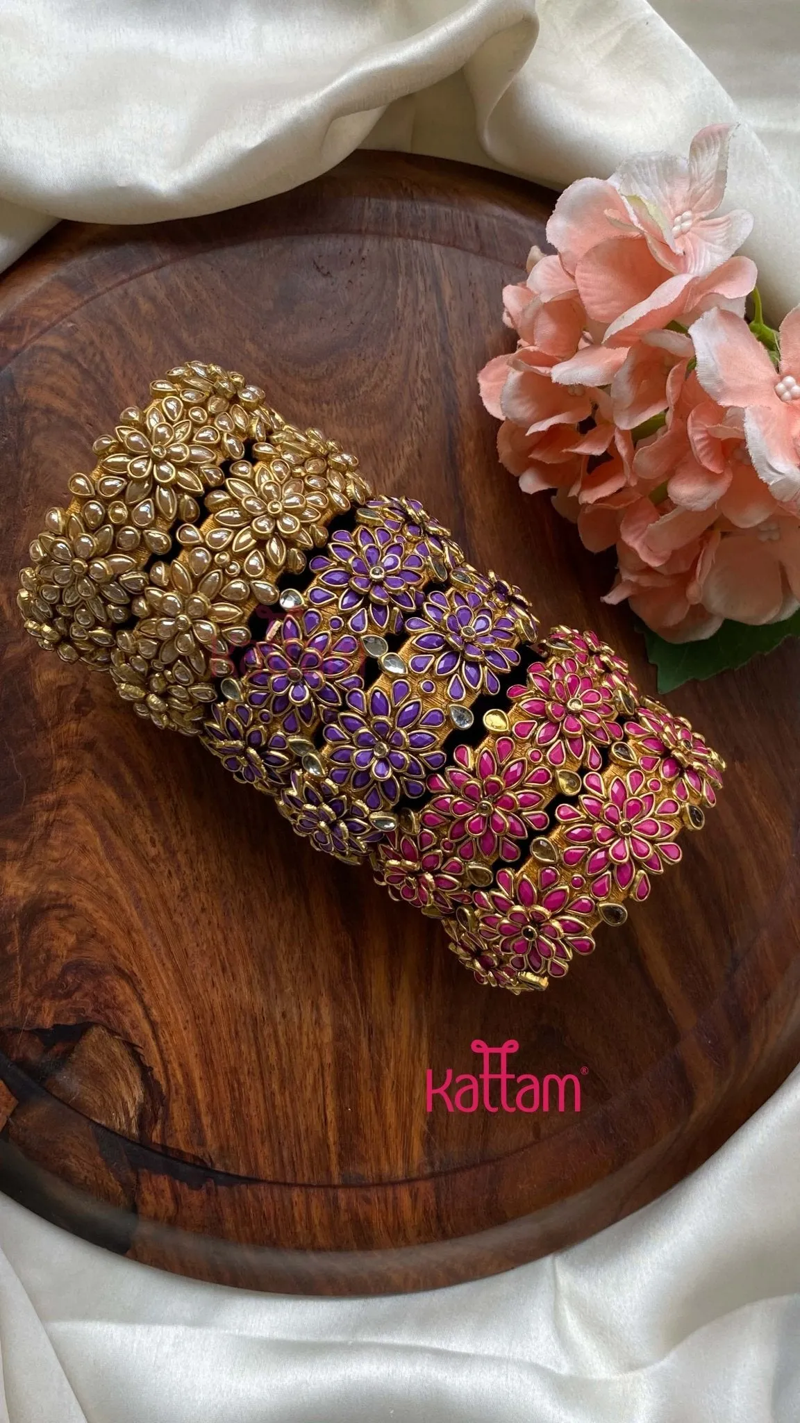 3D Kundan Flower Bangle Set