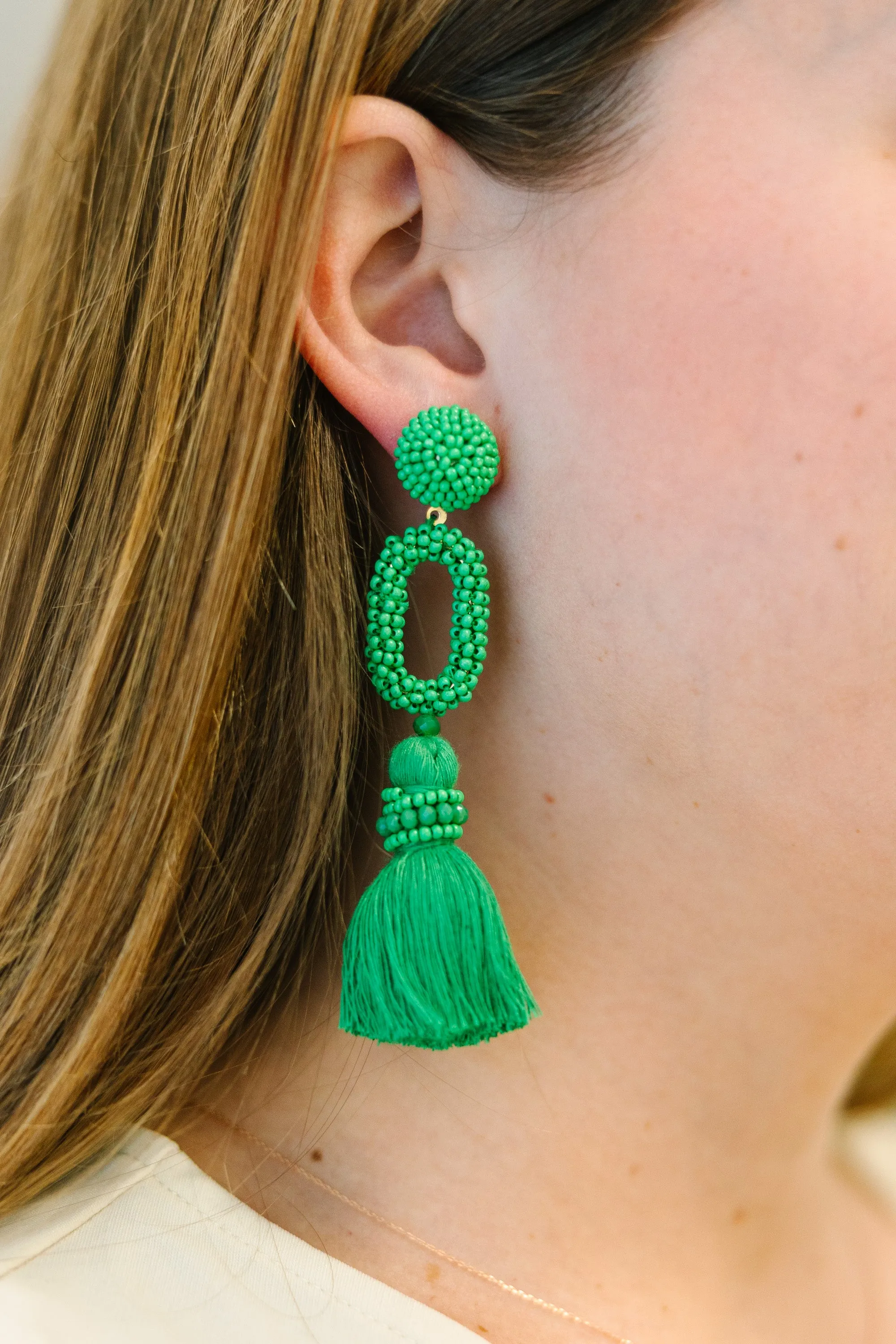 All For Fun Kelly Green Beaded Earrings