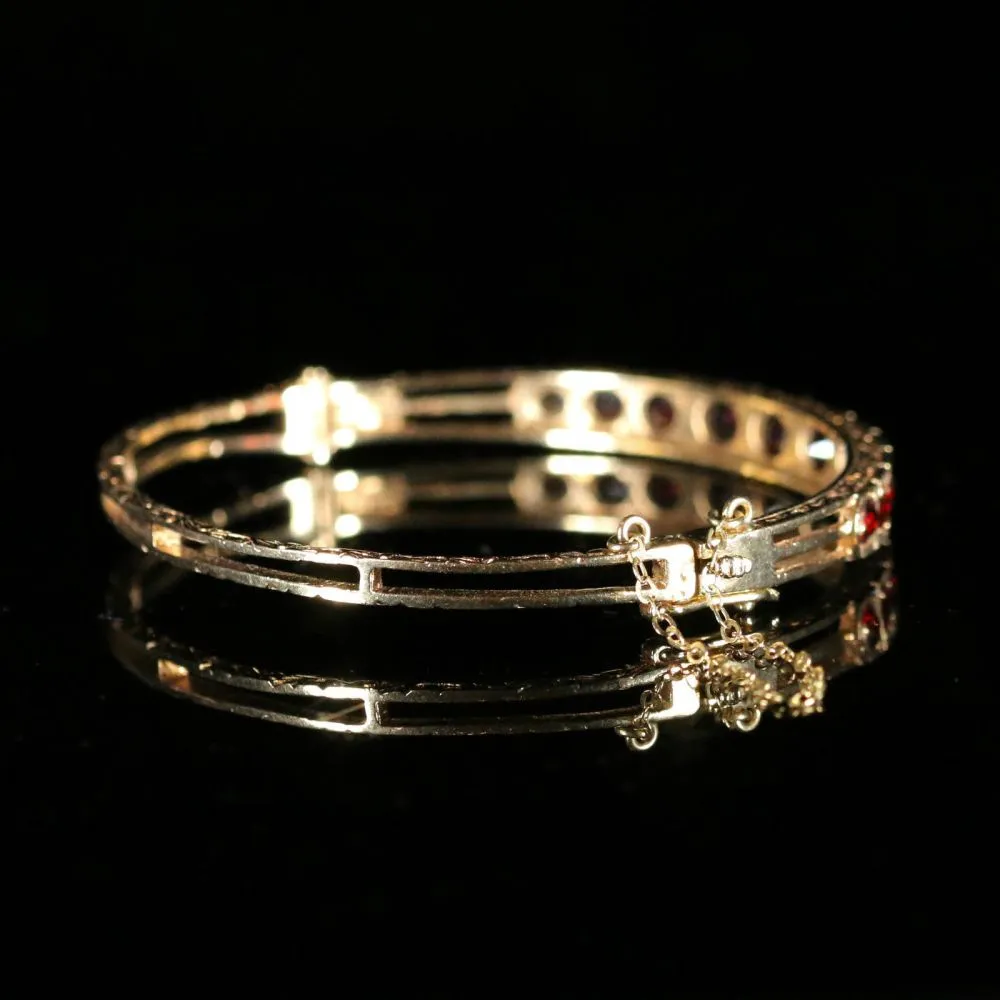 Antique Garnet Gold Bangle Beautiful Engraving 9Ct Gold