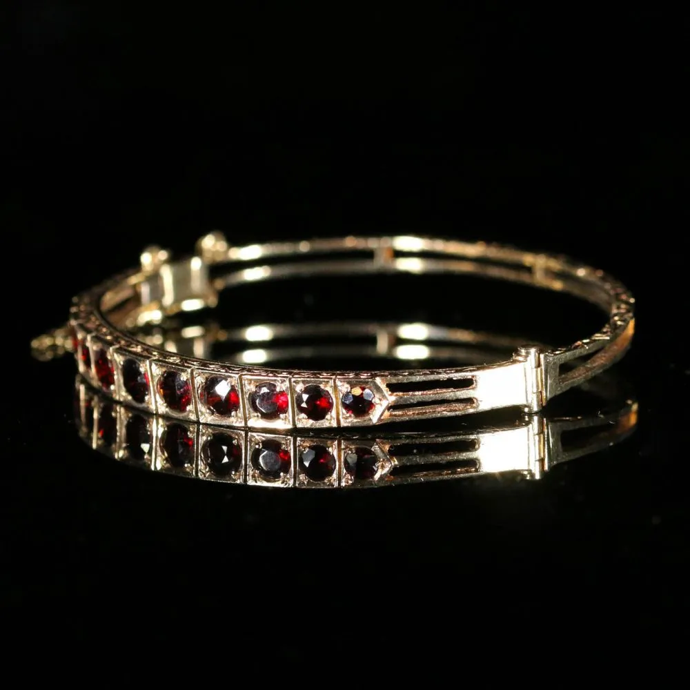 Antique Garnet Gold Bangle Beautiful Engraving 9Ct Gold