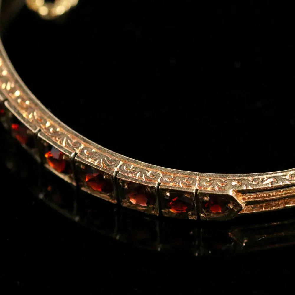 Antique Garnet Gold Bangle Beautiful Engraving 9Ct Gold