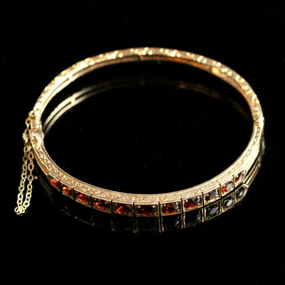 Antique Garnet Gold Bangle Beautiful Engraving 9Ct Gold