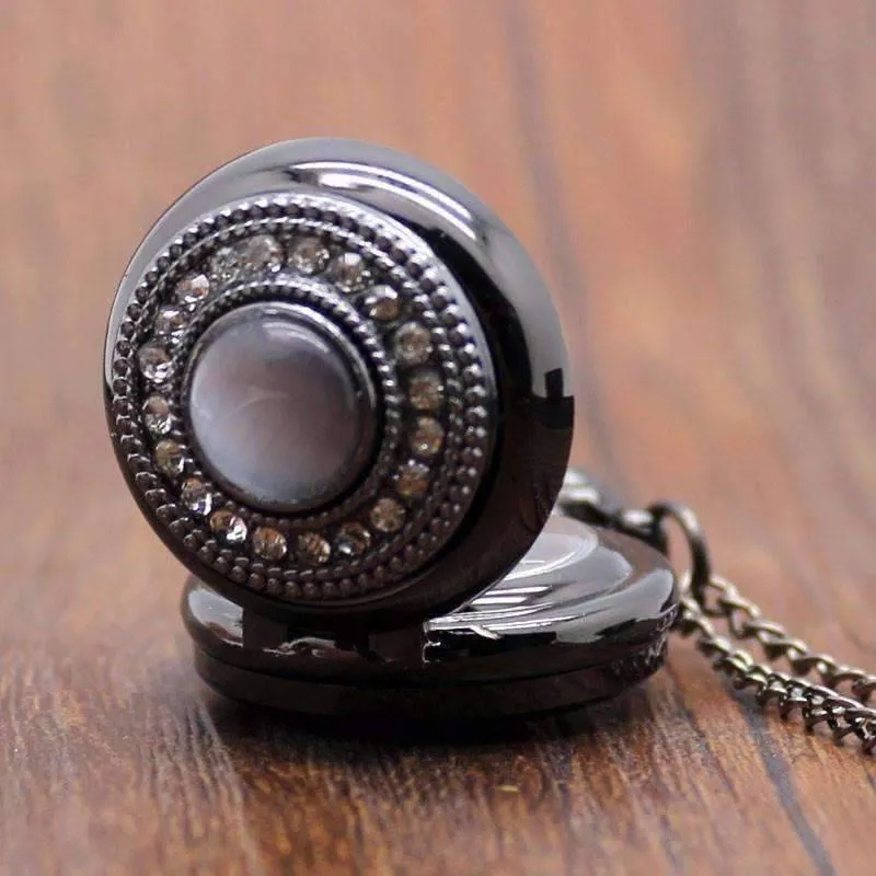 Cat's Eye Gunmetal Vintage Style Mirror Pocket Watch Necklace For Woman