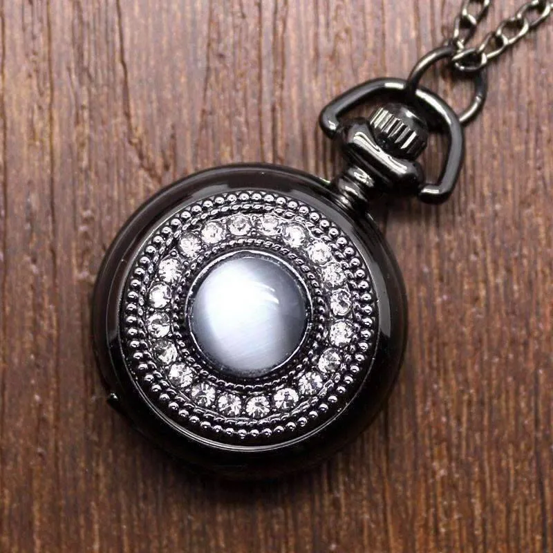 Cat's Eye Gunmetal Vintage Style Mirror Pocket Watch Necklace For Woman