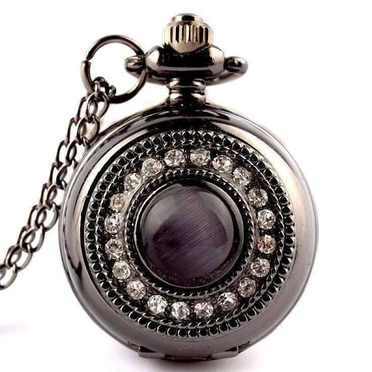 Cat's Eye Gunmetal Vintage Style Mirror Pocket Watch Necklace For Woman