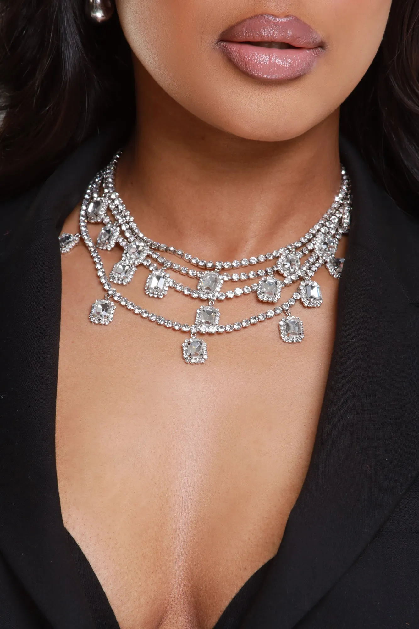 Chokehold Rhinestone Layered Choker Necklace - Silver