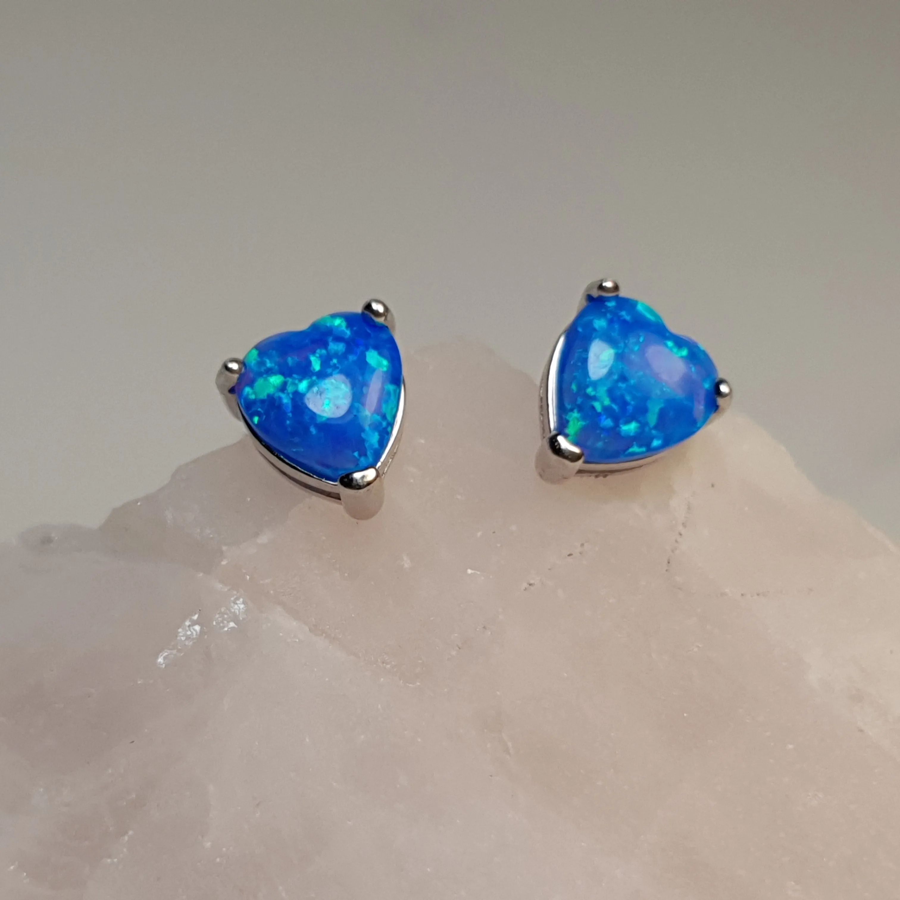 Created Heart Opal Stud Earrings, Sterling Silver