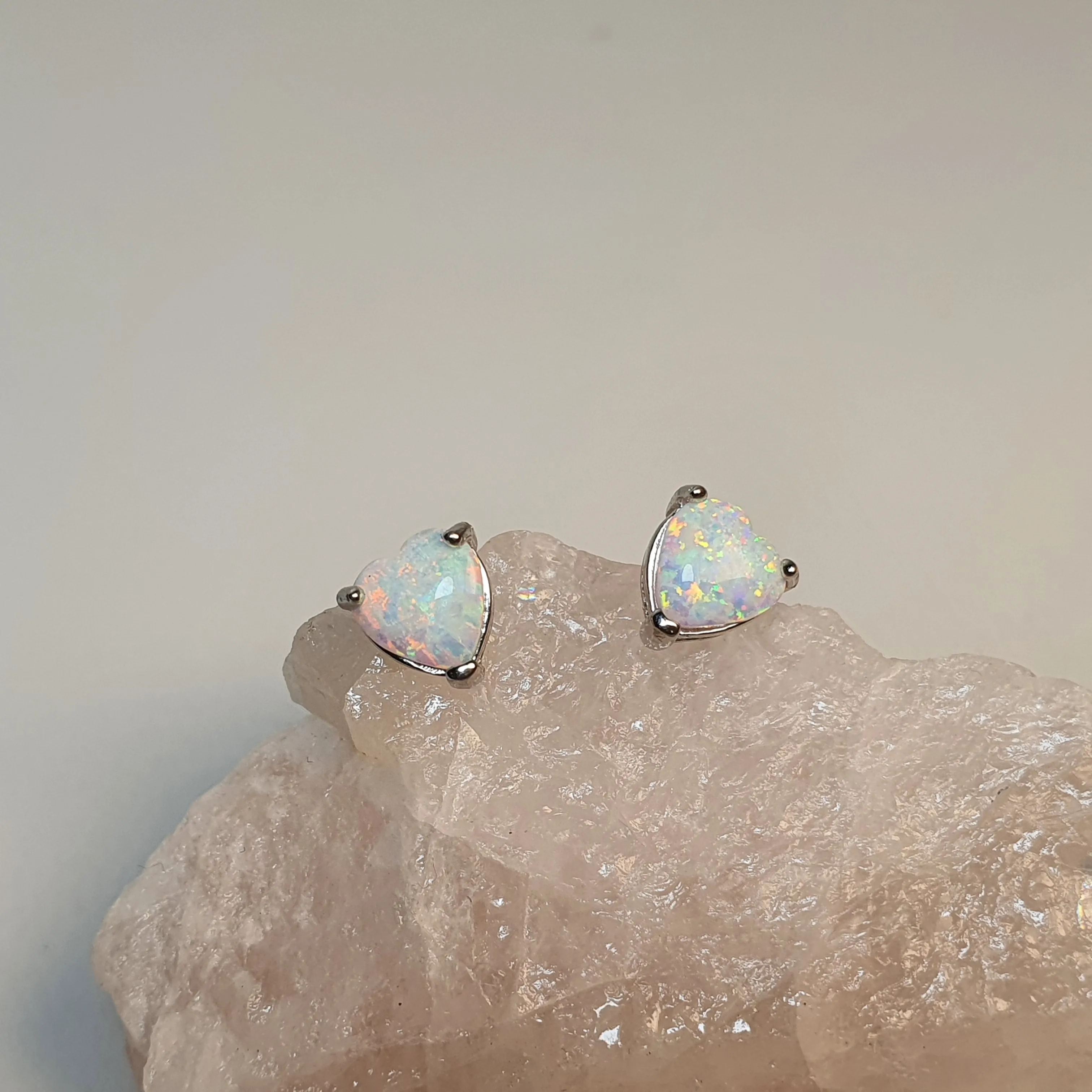 Created Heart Opal Stud Earrings, Sterling Silver