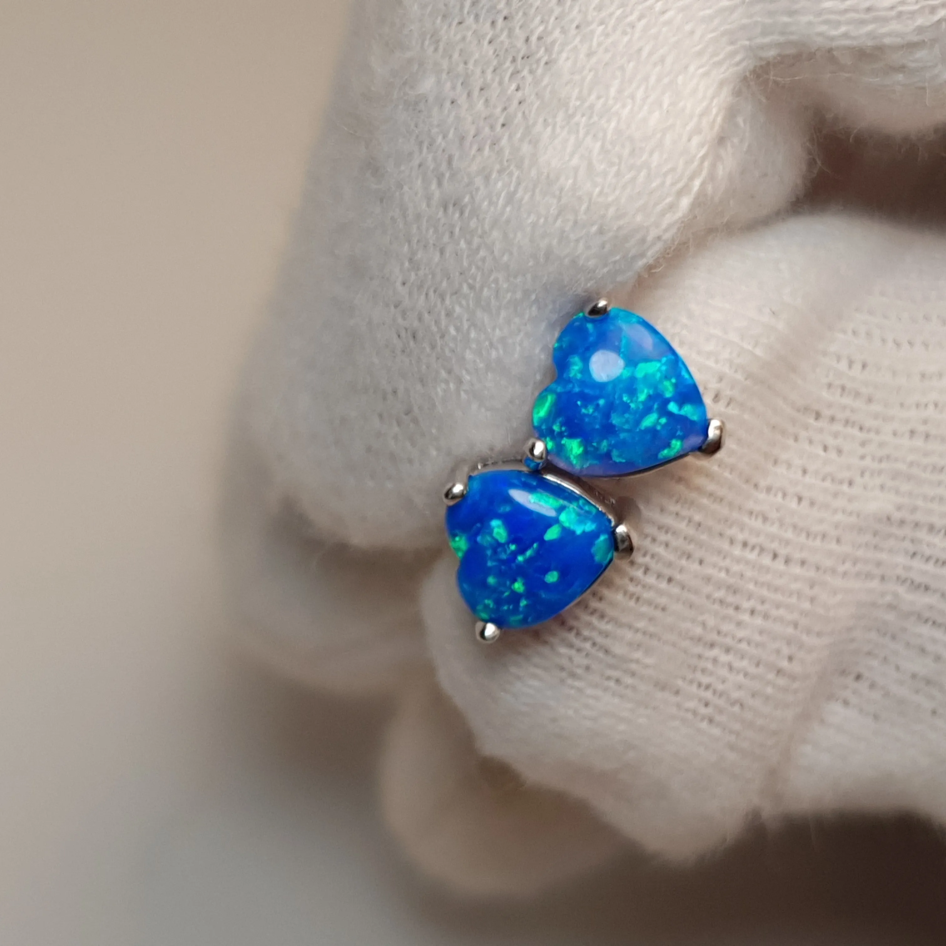 Created Heart Opal Stud Earrings, Sterling Silver