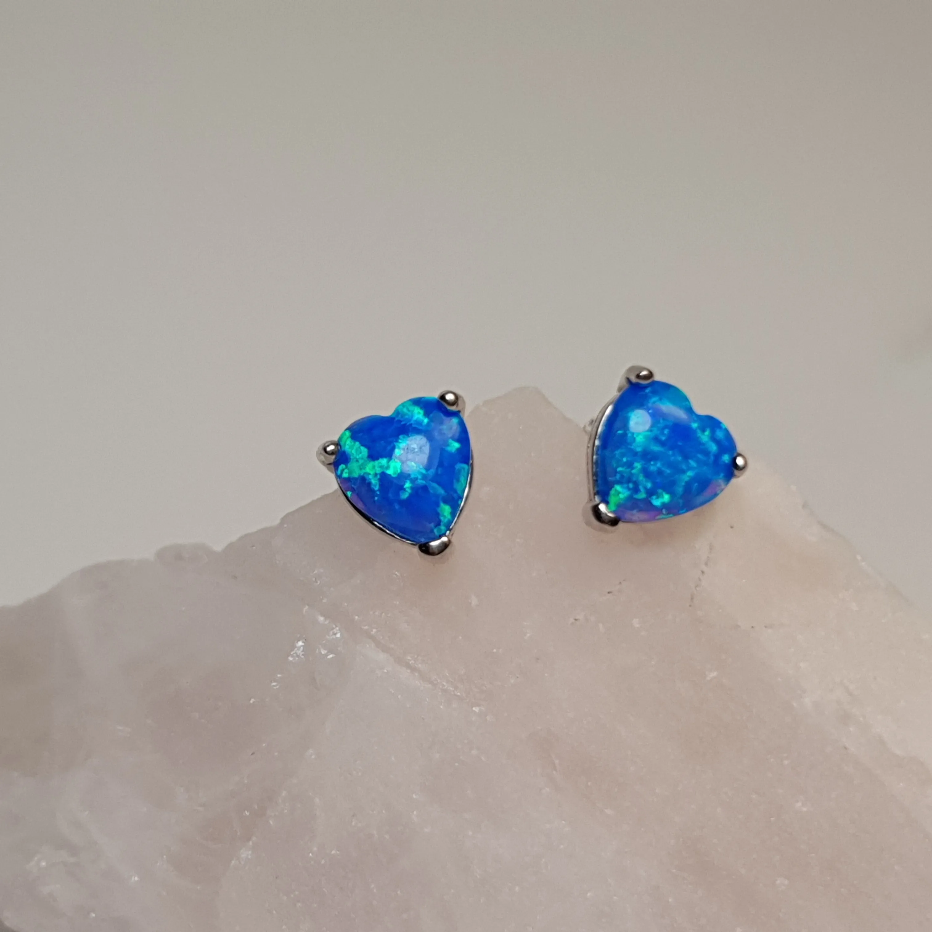 Created Heart Opal Stud Earrings, Sterling Silver