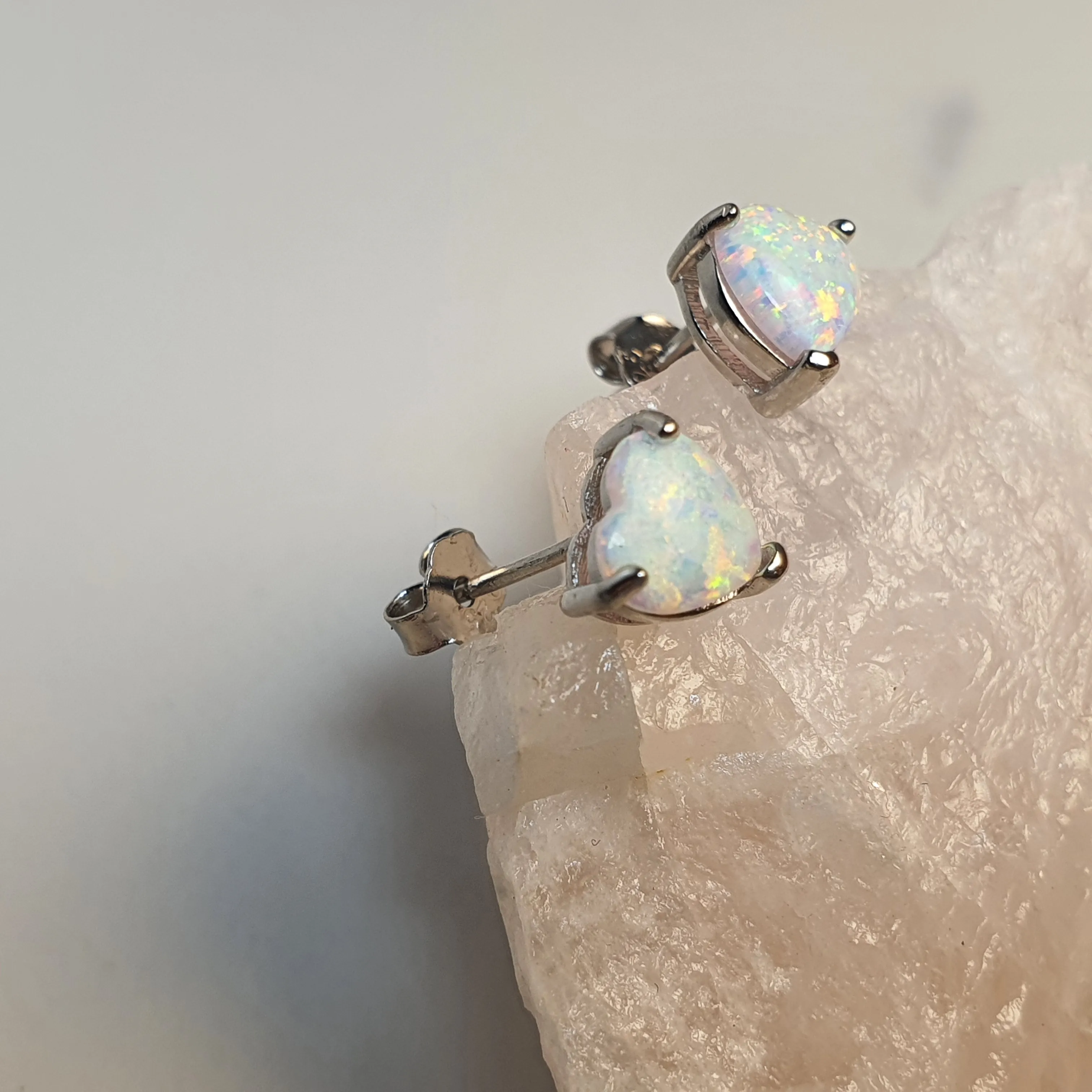 Created Heart Opal Stud Earrings, Sterling Silver