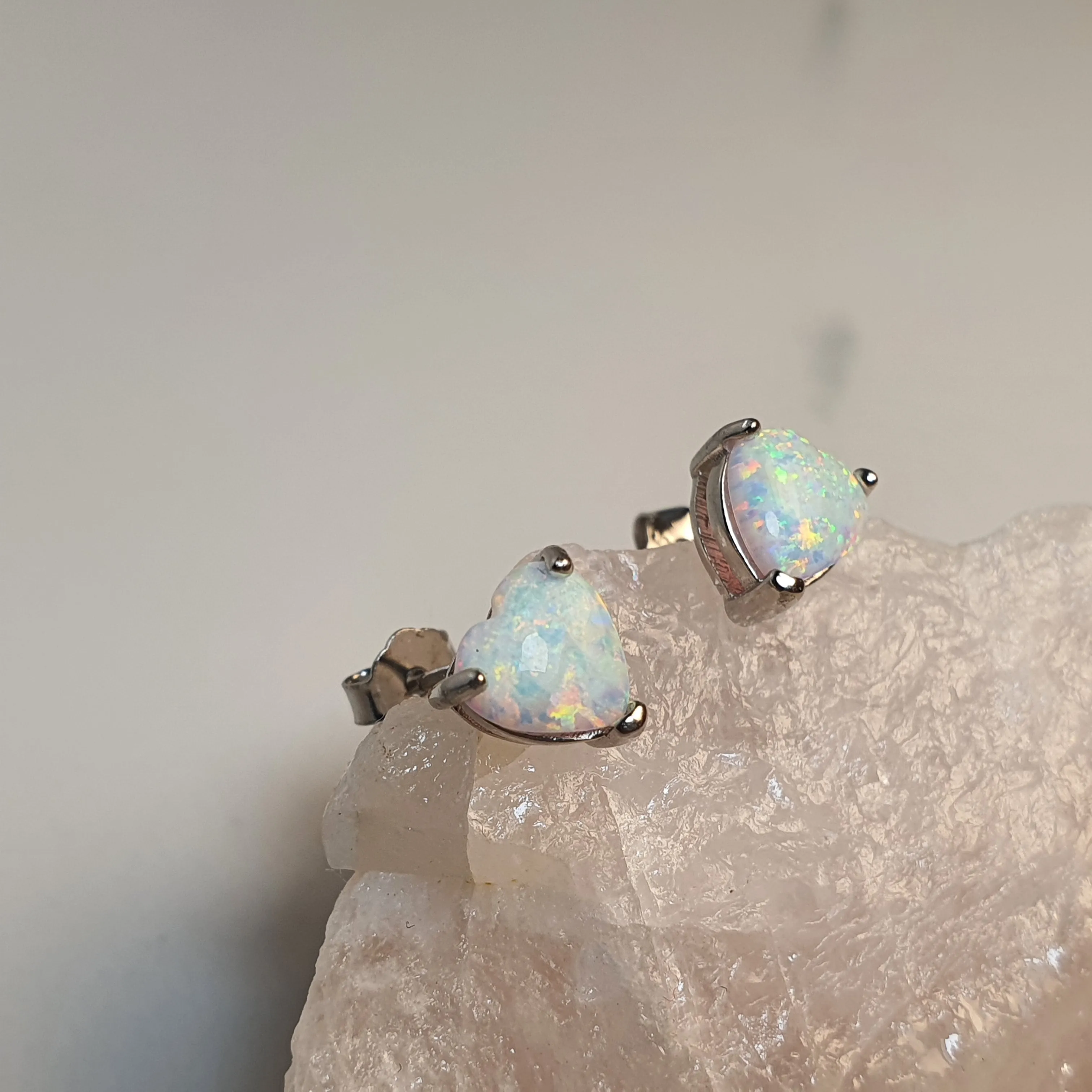 Created Heart Opal Stud Earrings, Sterling Silver