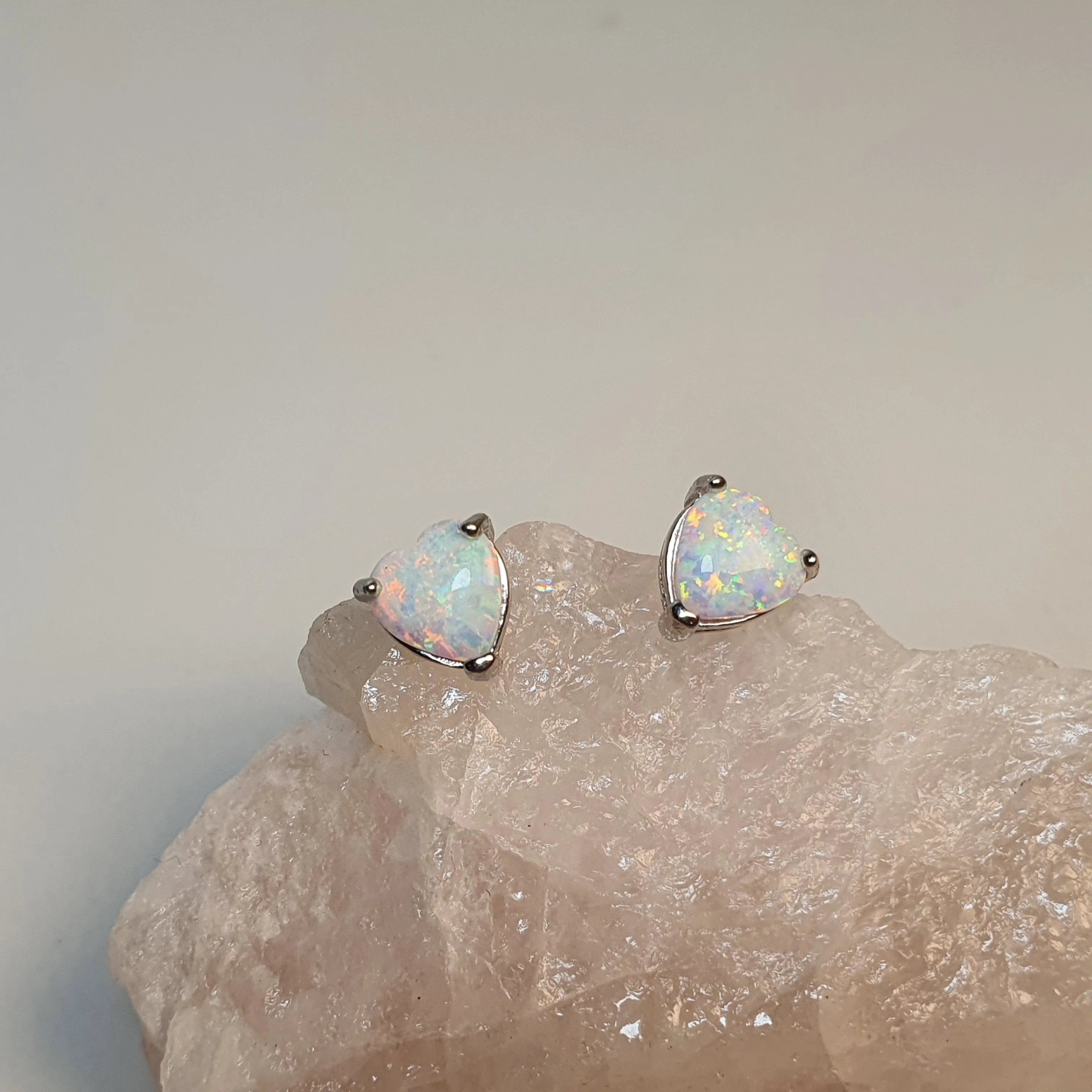 Created Heart Opal Stud Earrings, Sterling Silver