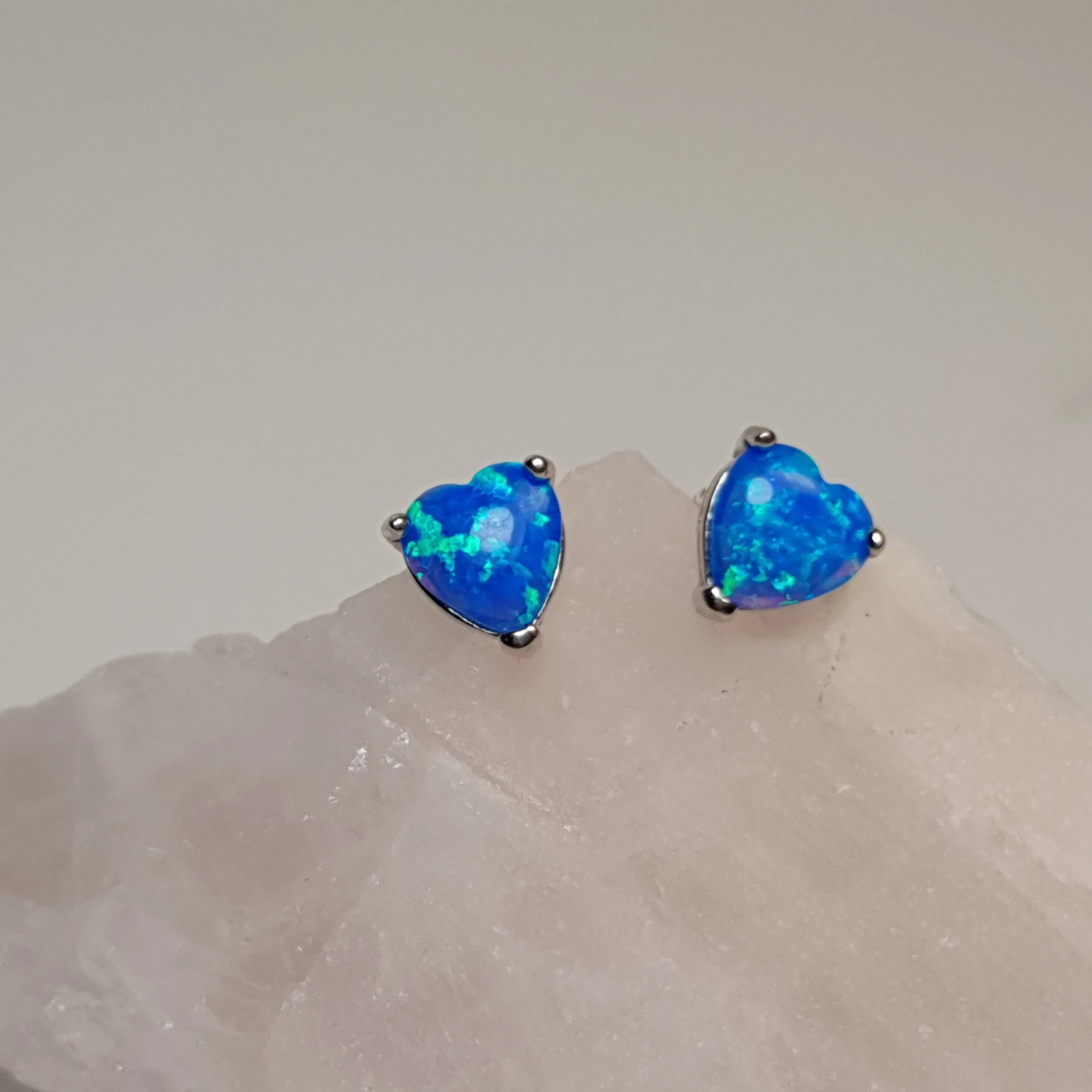 Created Heart Opal Stud Earrings, Sterling Silver