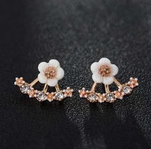 Daisy Jacket Earrings for Women in White, Yellow or Rose Gold with Porcelain Flower and Cubic Zirconia