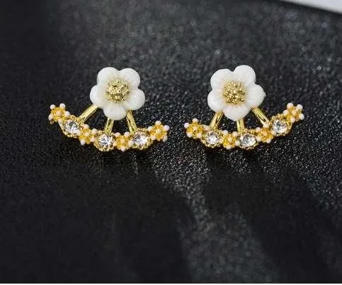 Daisy Jacket Earrings for Women in White, Yellow or Rose Gold with Porcelain Flower and Cubic Zirconia