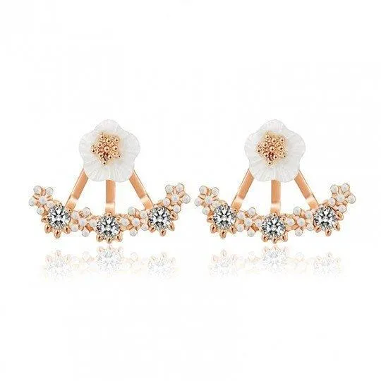 Daisy Jacket Earrings for Women in White, Yellow or Rose Gold with Porcelain Flower and Cubic Zirconia