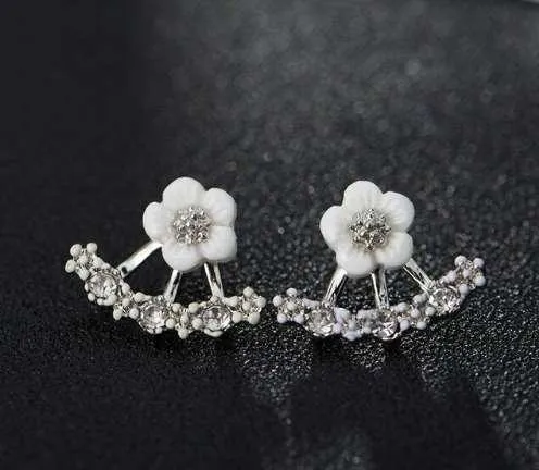 Daisy Jacket Earrings for Women in White, Yellow or Rose Gold with Porcelain Flower and Cubic Zirconia