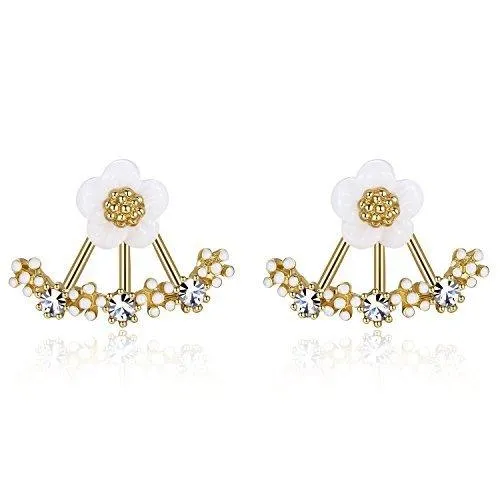 Daisy Jacket Earrings for Women in White, Yellow or Rose Gold with Porcelain Flower and Cubic Zirconia