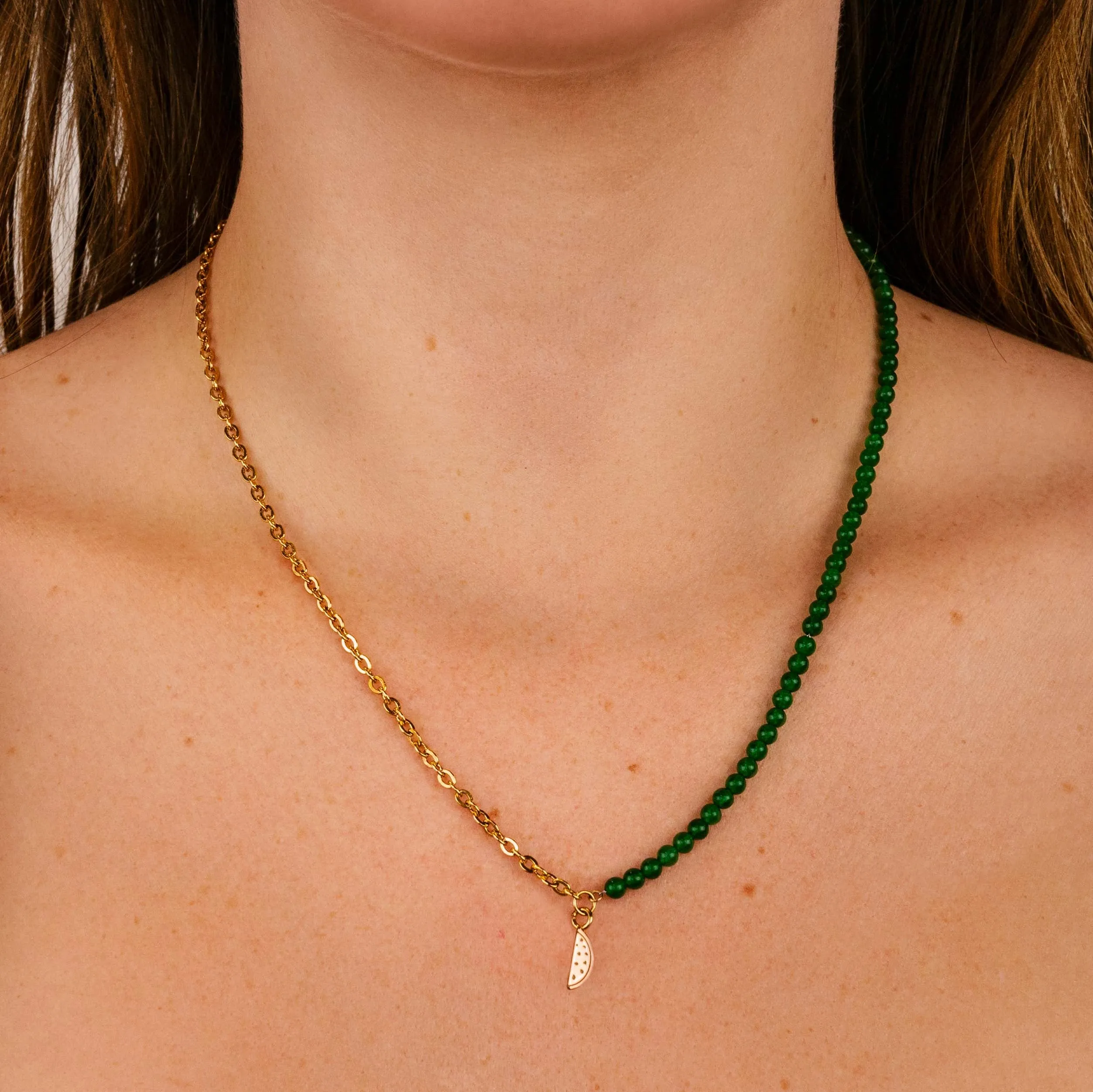 Essentielle Green Beads Watermelon Charm Necklace, Gold Colour