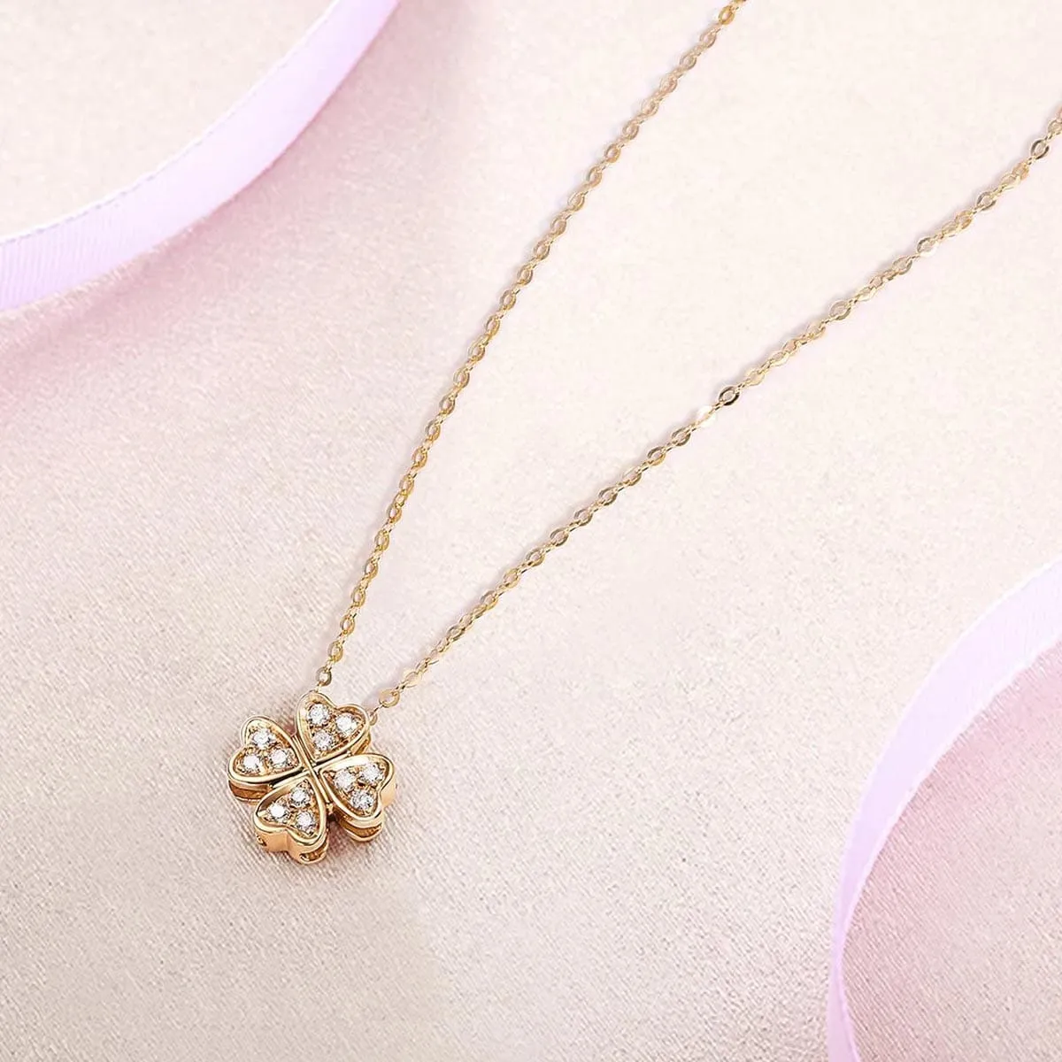 FANCIME Heart-Shaped Four Leaf Clover 18K Solid Rose Gold Necklace