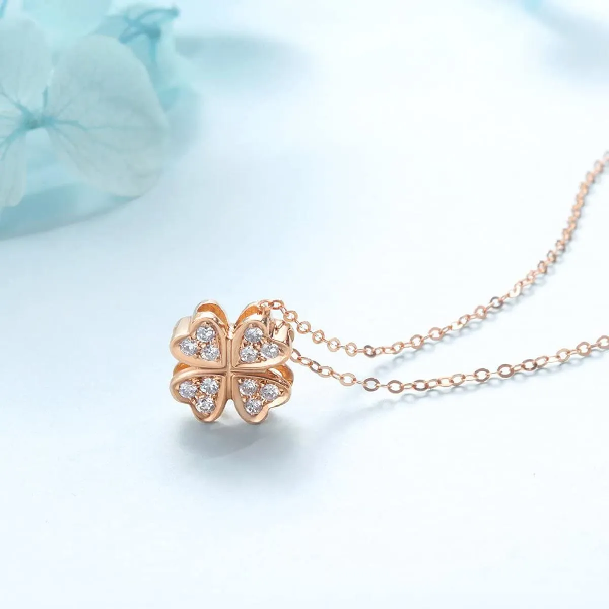 FANCIME Heart-Shaped Four Leaf Clover 18K Solid Rose Gold Necklace