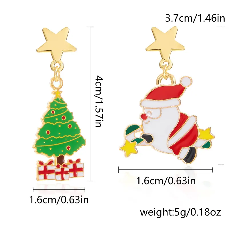 FFOrder Ladies Christmas Santa Tassel Stud Earrings, Fashion Asymmetrical Jewelry, Enamel, Christmas Star, Tree Gift Box, Perforated Pendant