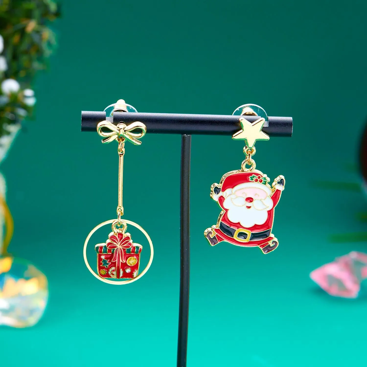 FFOrder Ladies Christmas Santa Tassel Stud Earrings, Fashion Asymmetrical Jewelry, Enamel, Christmas Star, Tree Gift Box, Perforated Pendant