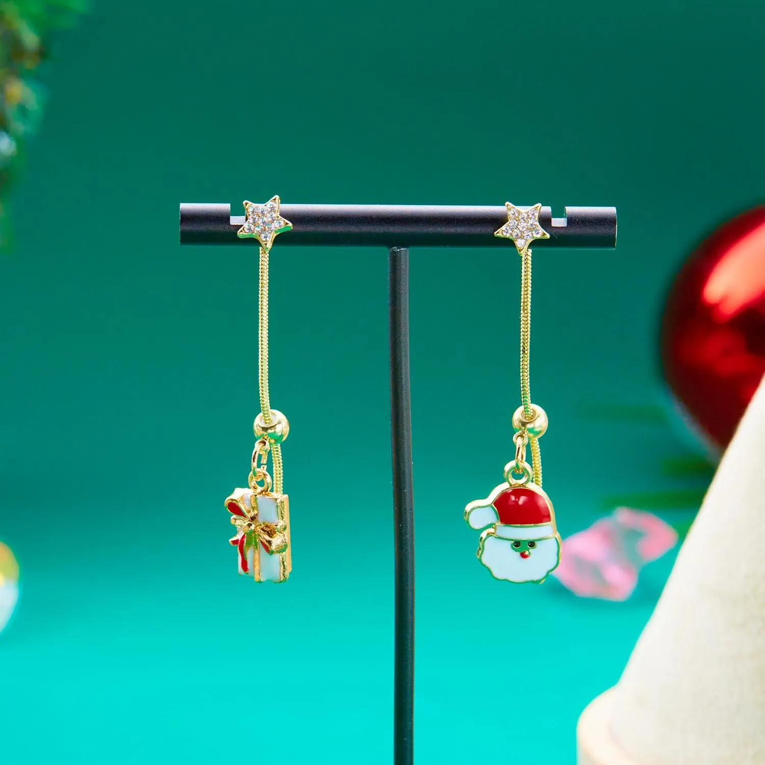 FFOrder Ladies Christmas Santa Tassel Stud Earrings, Fashion Asymmetrical Jewelry, Enamel, Christmas Star, Tree Gift Box, Perforated Pendant