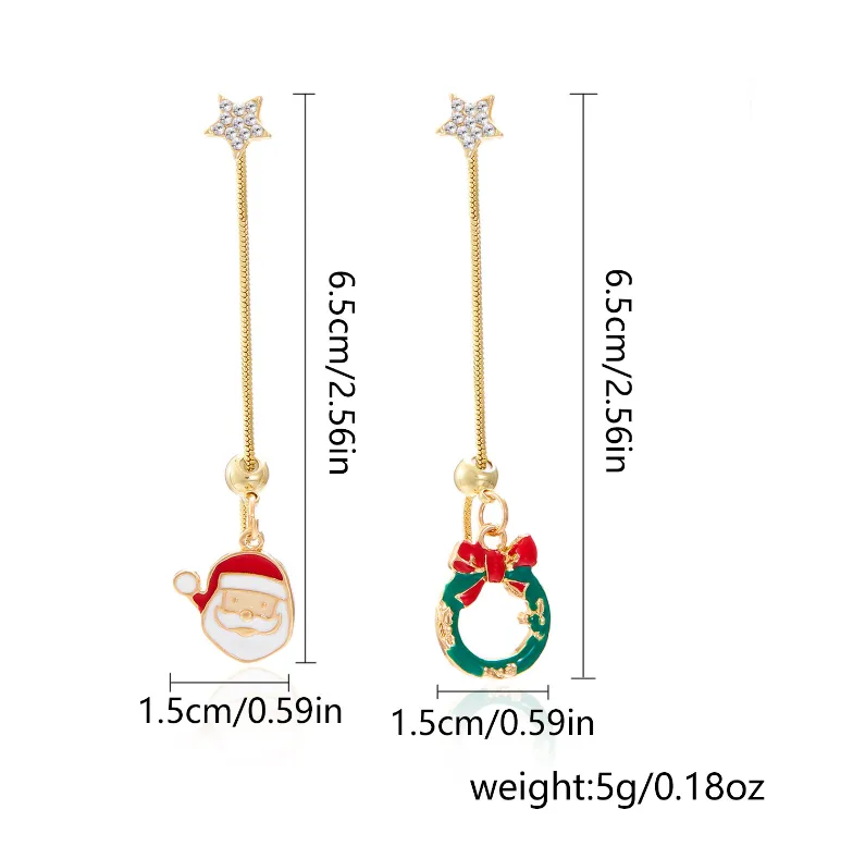 FFOrder Ladies Christmas Santa Tassel Stud Earrings, Fashion Asymmetrical Jewelry, Enamel, Christmas Star, Tree Gift Box, Perforated Pendant