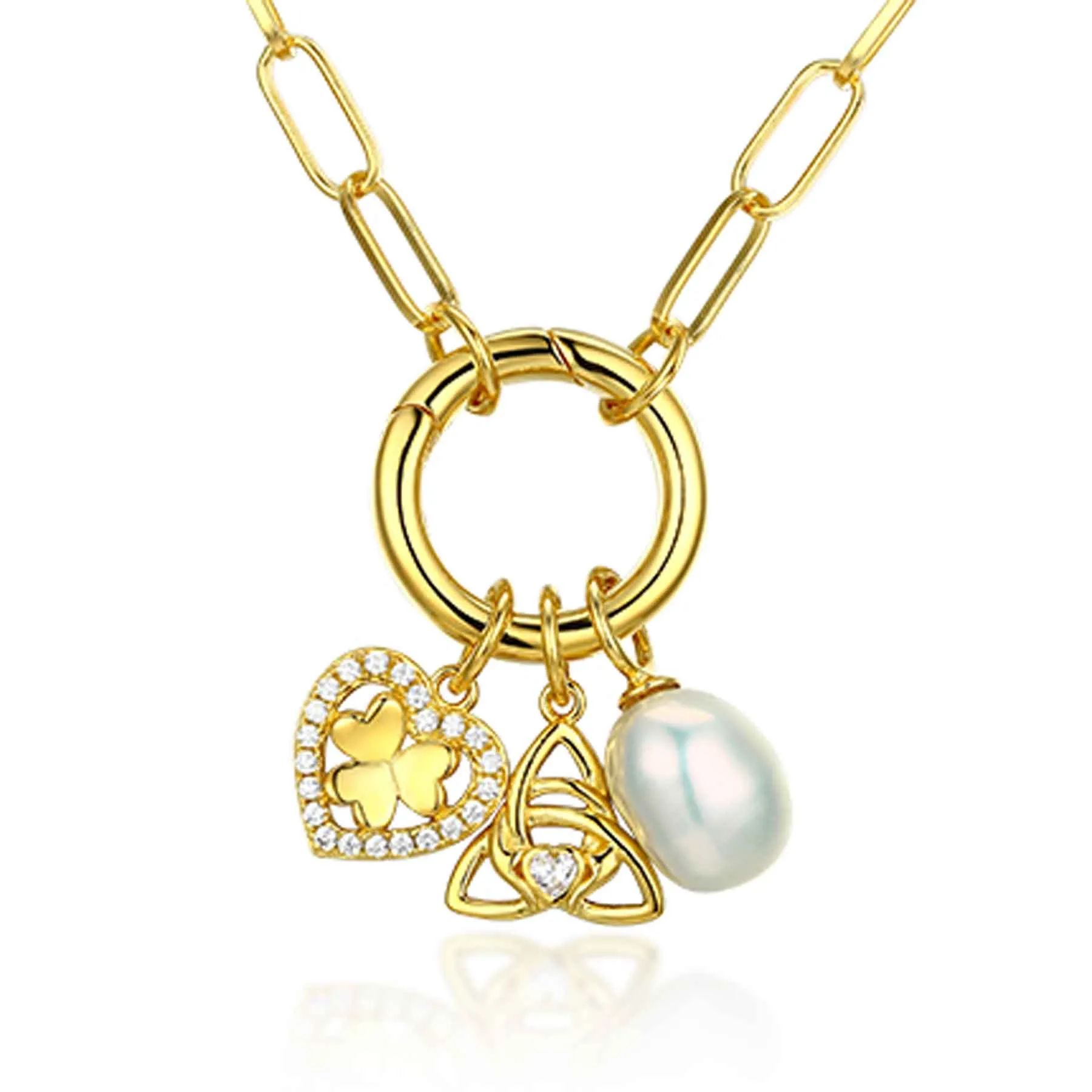 Gold Charm Necklace with Shamrock, Trinity Knot and Pearl