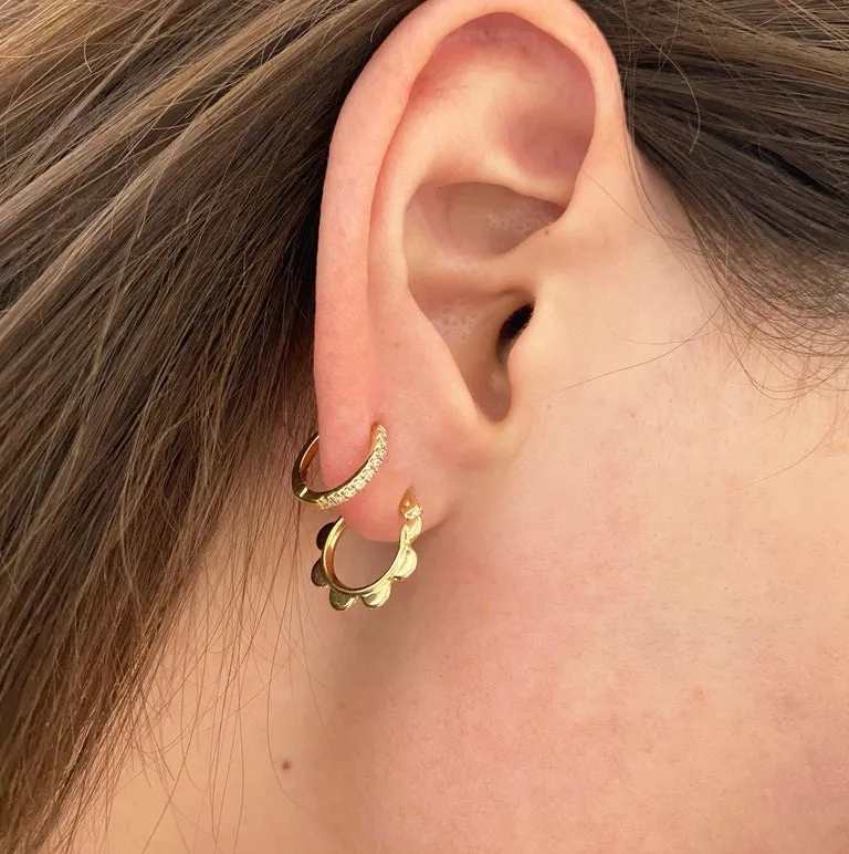 Gold Flower Hoop Earrings, 14K Yellow Gold Small Hoops Petal Design