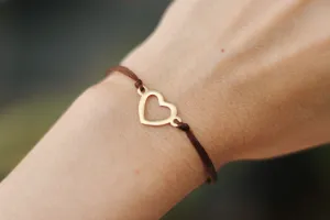 Gold heart bracelet, brown cord, personalised jewelry