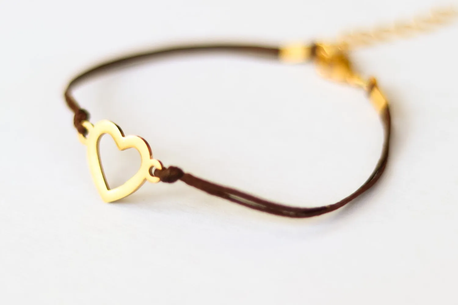 Gold heart bracelet, brown cord, personalised jewelry