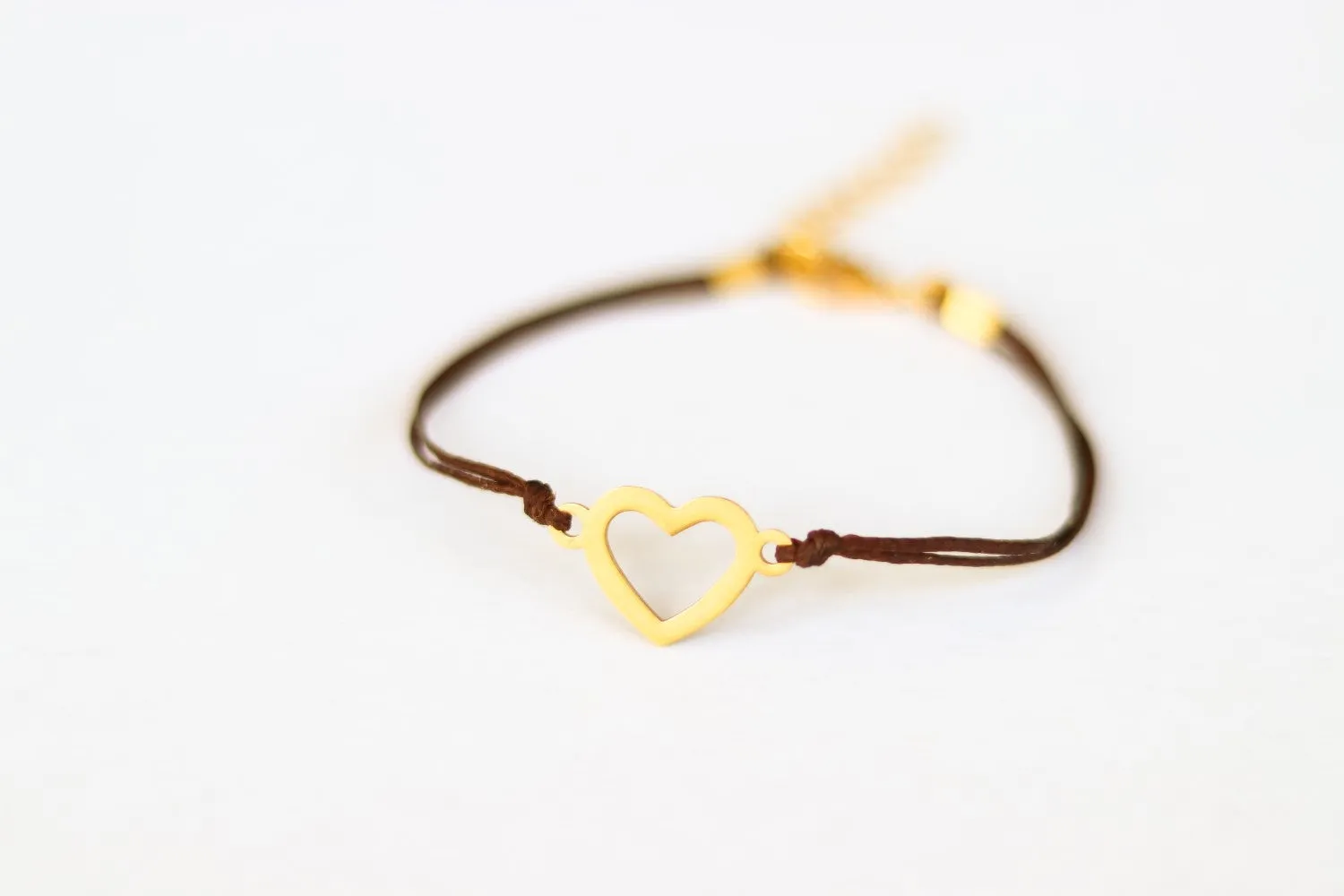 Gold heart bracelet, brown cord, personalised jewelry