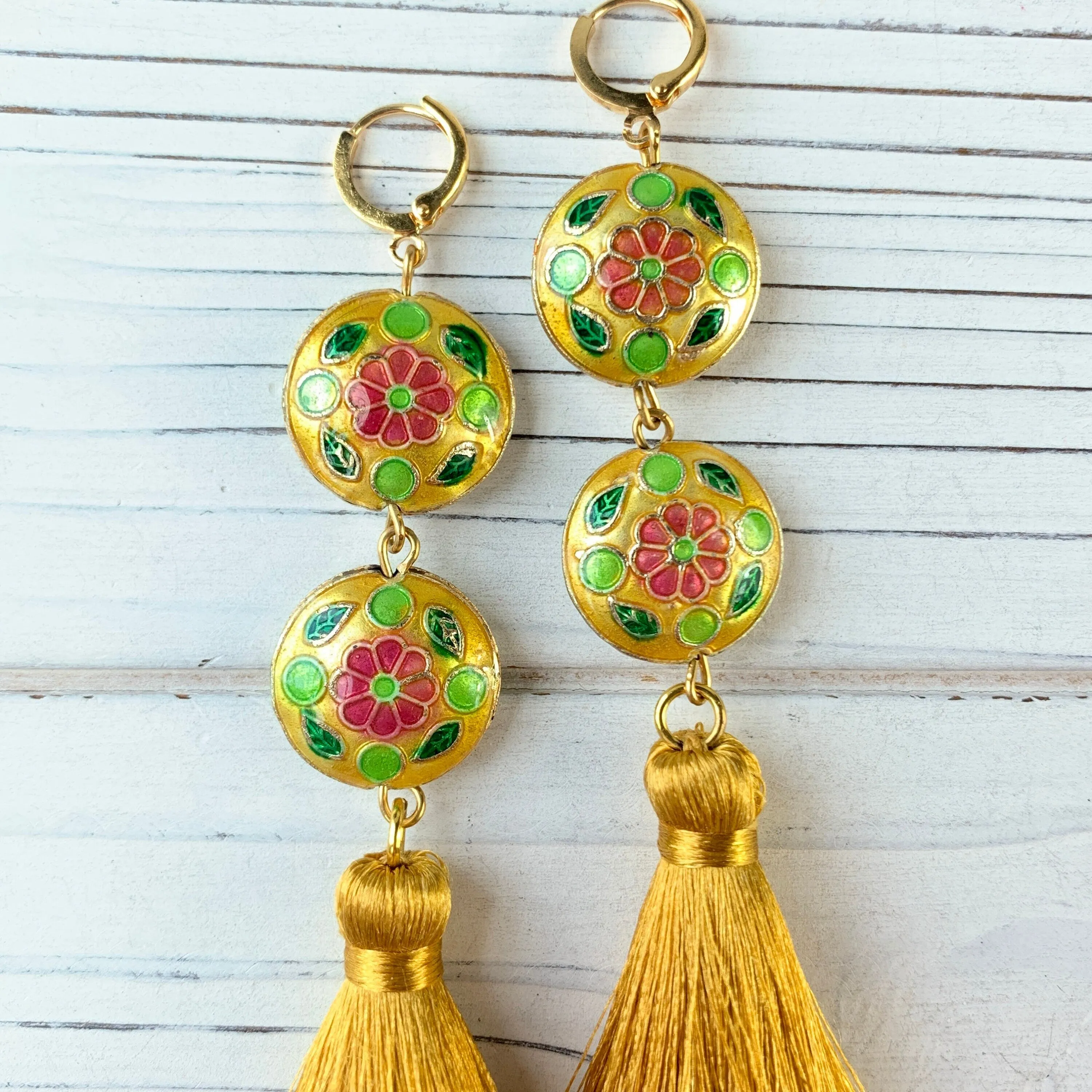 Golden Cloisonné Tassel Earrings