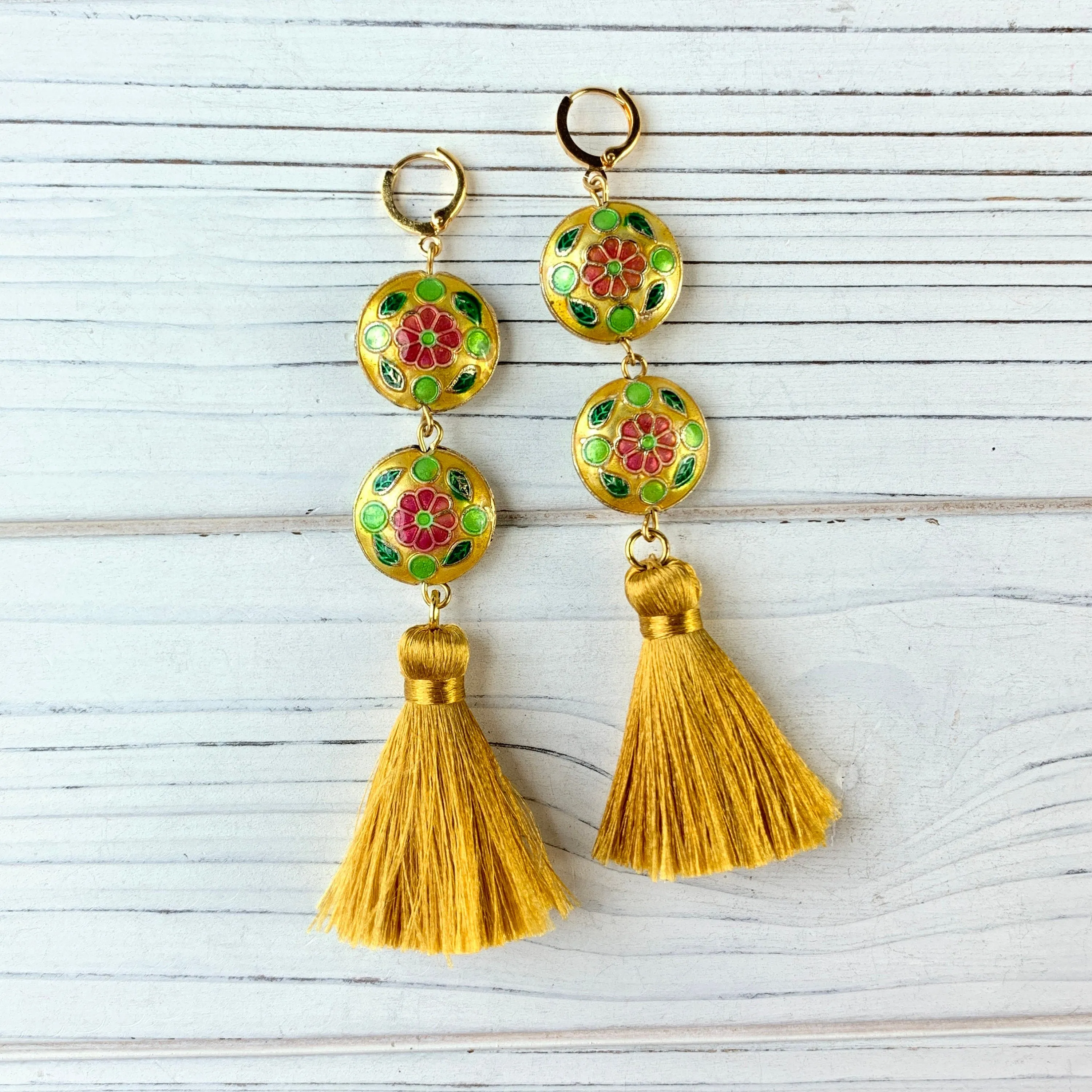 Golden Cloisonné Tassel Earrings