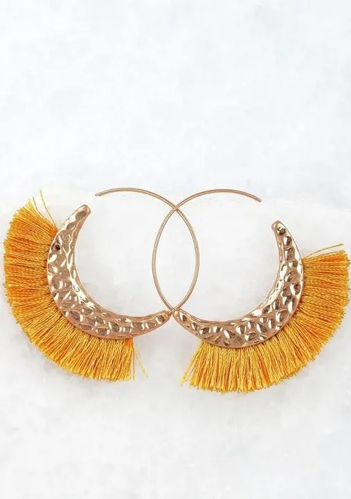 Hammered Metal Hoop Tassel Earrings