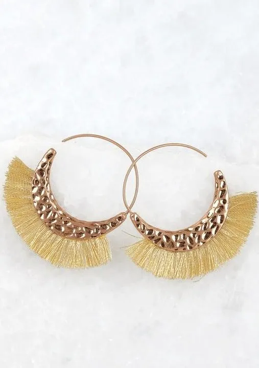 Hammered Metal Hoop Tassel Earrings