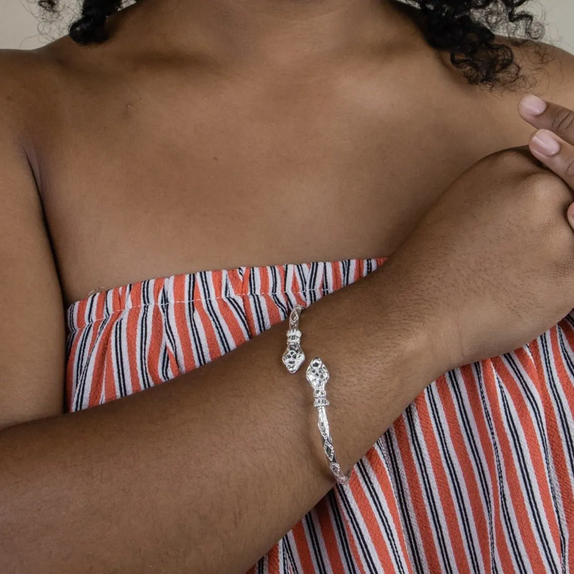 Heavy Snake Head Bangle with Diamante Pattern