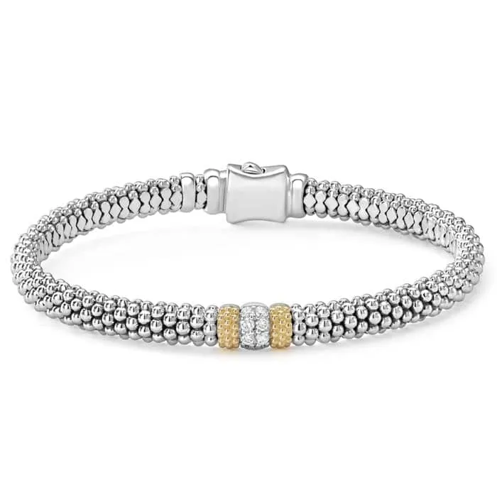 LAGOS .20tw Caviar Lux 6mm Beaded Bracelet with one Pave Diamond Station in Sterling Silver and 18kt Yellow Gold Size M