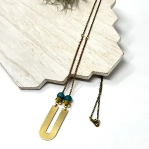 Large Brass Necklace With Green Beads and Vintage Chain