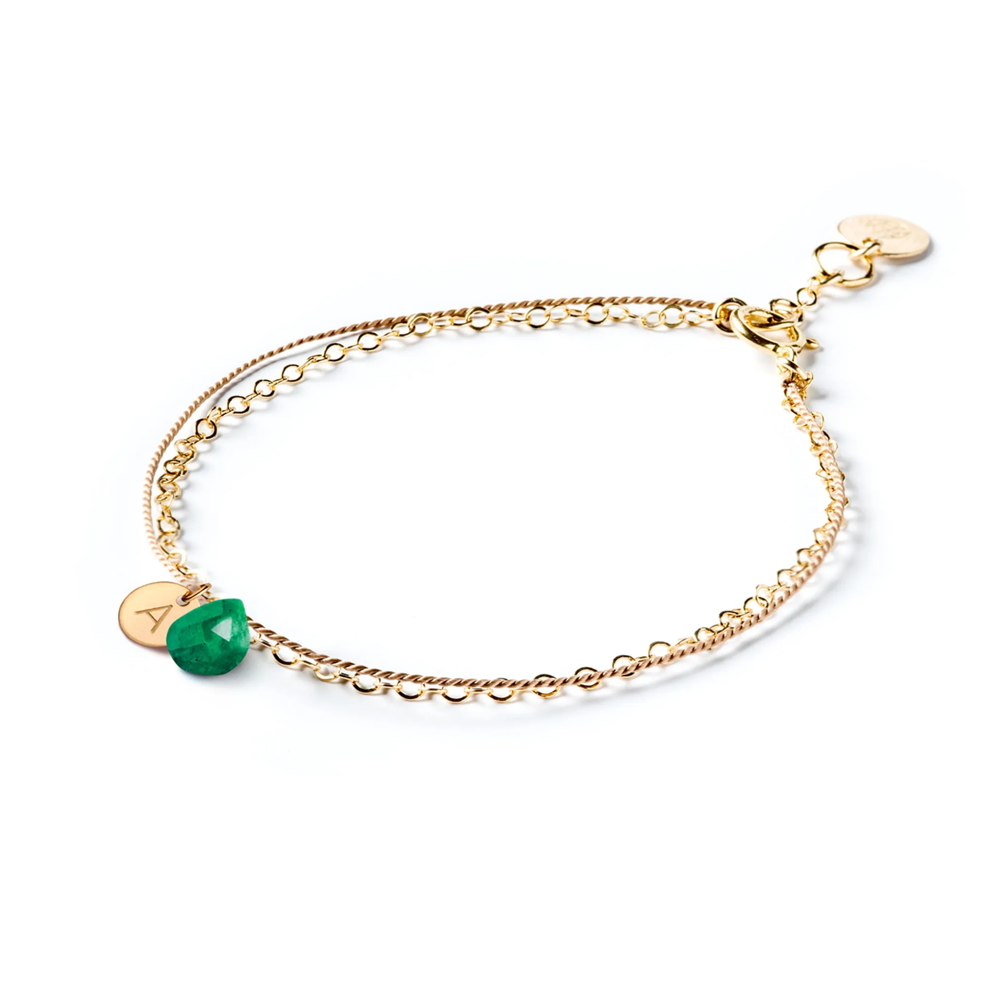 May Emerald Gold and Silk Birthstone Bracelet