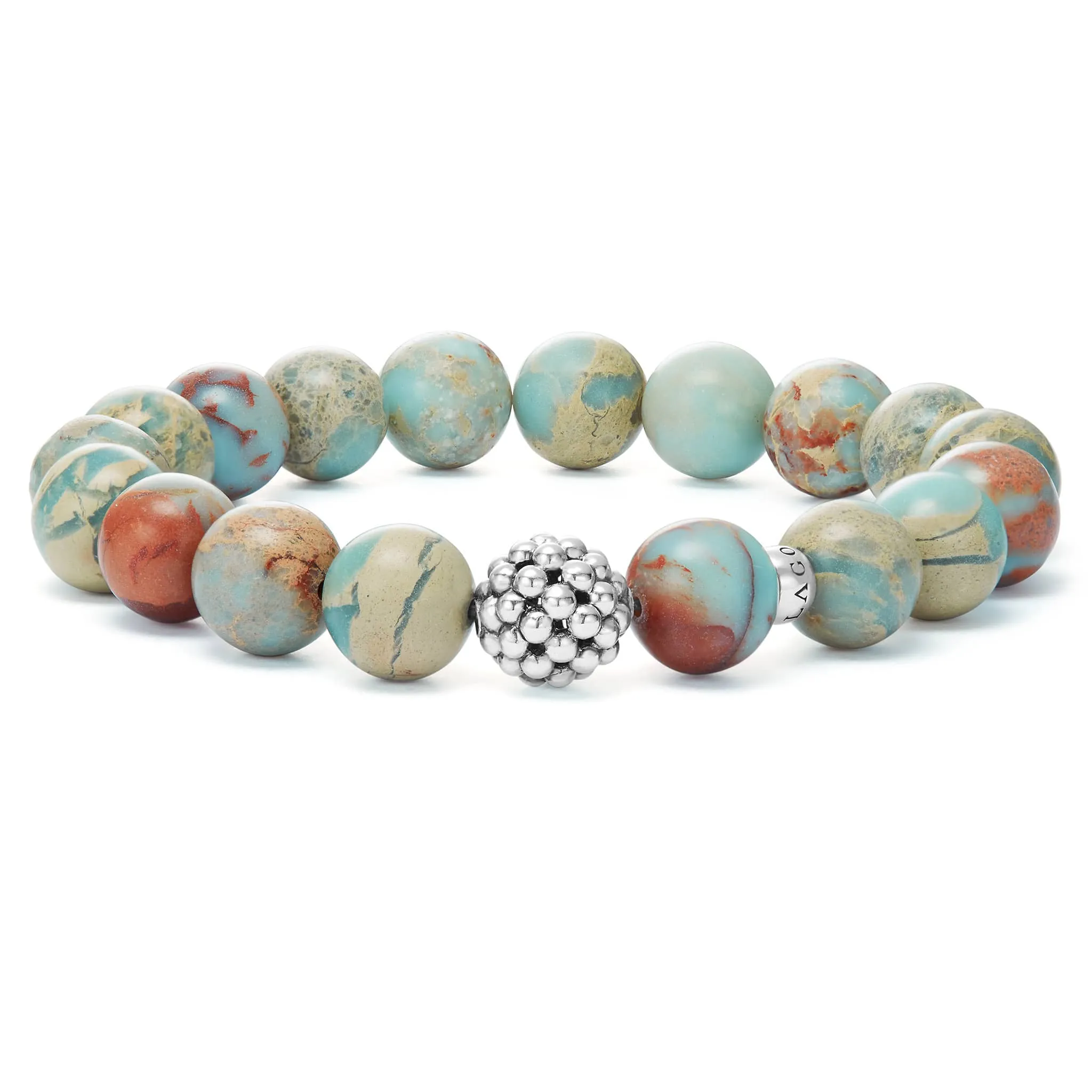 Maya Aqua Tera Jasper Silver Station Bead Bracelet